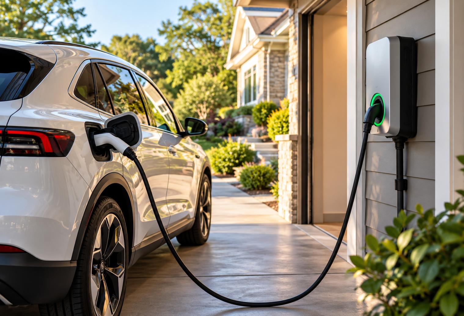 Electric vehicle connected to a professionally installed home EV charger outside a modern Monroe, Connecticut residence.